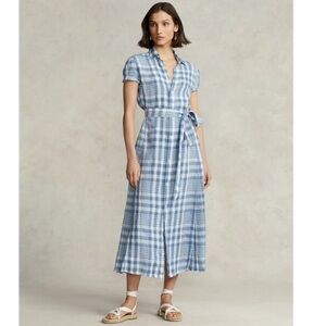 Polo Blue Plaid Linen Midi Dress